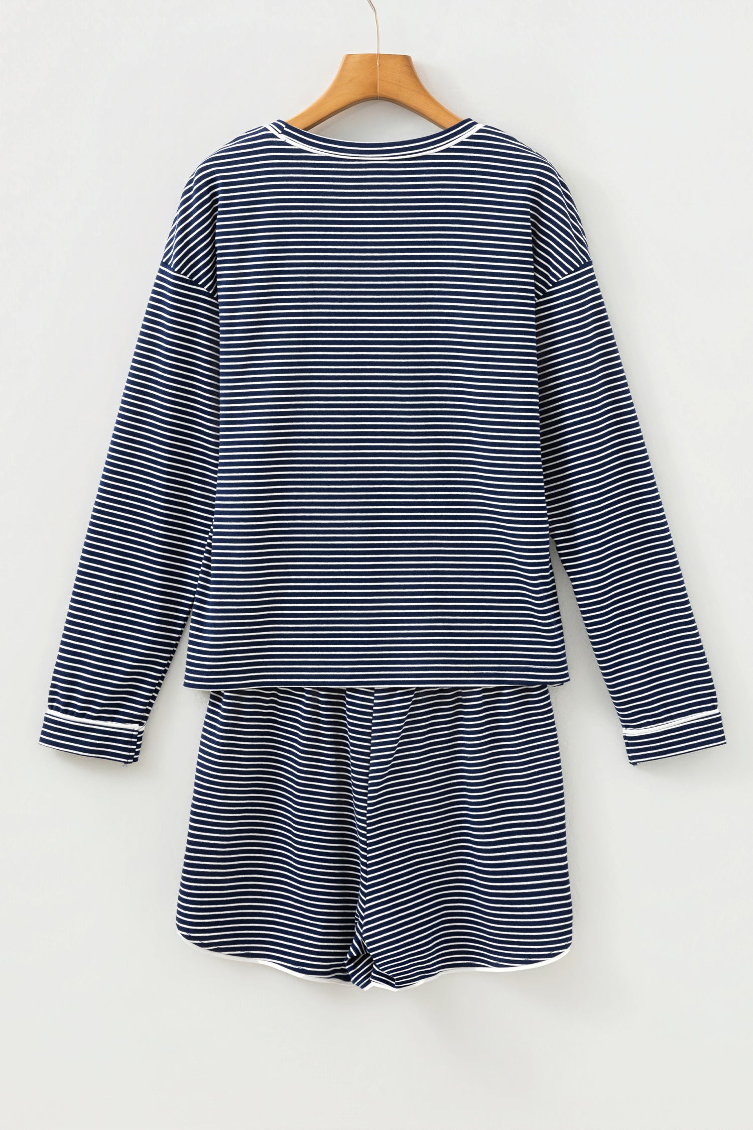 Blue Stripe Drop Shoulder Round Neck Long Sleeve Tee and Buttoned Shorts 2pcs Lounge Set-Loungewear & Sleepwear/Loungewear-[Adult]-[Female]-2022 Online Blue Zone Planet