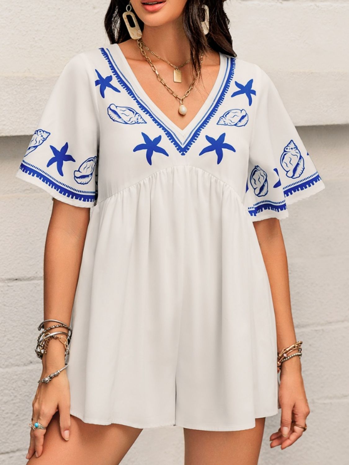 Printed V-Neck Half Sleeve Romper-TOPS / DRESSES-[Adult]-[Female]-2022 Online Blue Zone Planet