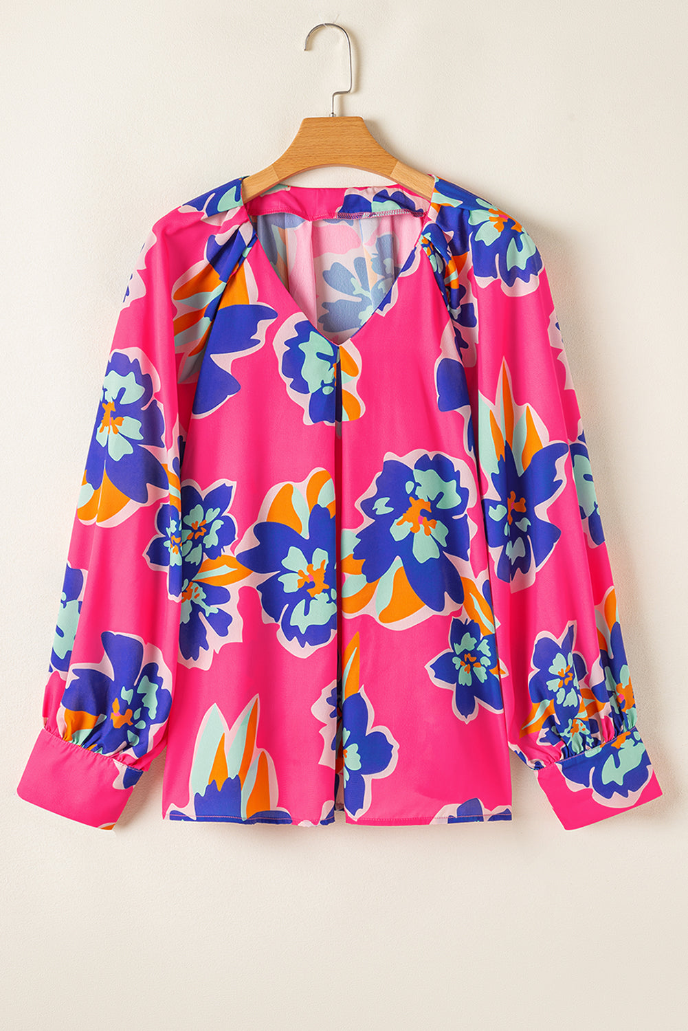 Blue Zone Planet | Rose Floral Pattern V Neck Balloon Sleeve Plus Size Blouse-Plus Size/Plus Size Tops/Plus Size Blouses & Shirts-[Adult]-[Female]-2022 Online Blue Zone Planet