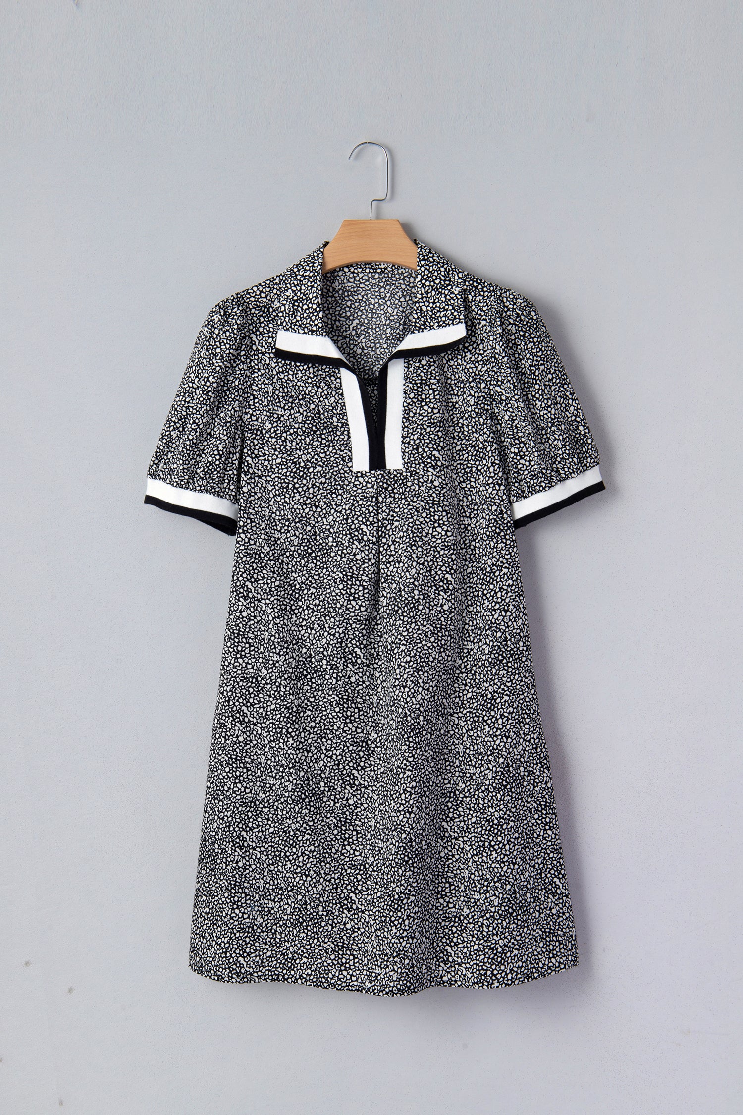 Black Leopard Print Contrast Striped Trim Polo Collar Short Sleeve Dress with Pockets-Dresses/Mini Dresses-[Adult]-[Female]-2022 Online Blue Zone Planet
