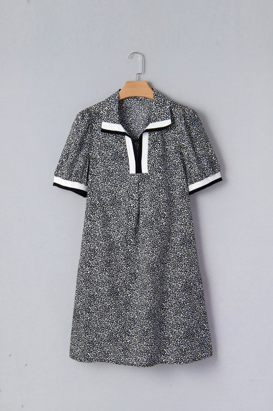 Black Leopard Print Contrast Striped Trim Polo Collar Short Sleeve Dress with Pockets-Dresses/Mini Dresses-[Adult]-[Female]-2022 Online Blue Zone Planet