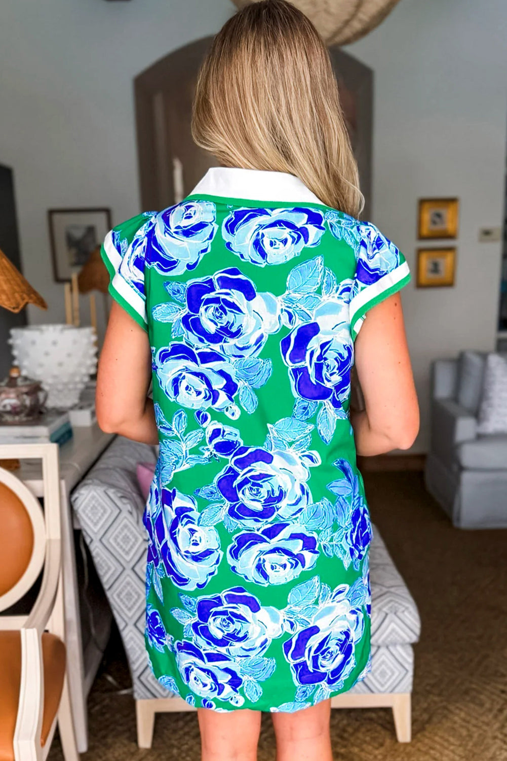Bright Green Contrast Floral Print Collared V Neckline Ruffled Cap Sleeve Shift Dress with Pockets-Dresses/Floral Dresses-[Adult]-[Female]-2022 Online Blue Zone Planet