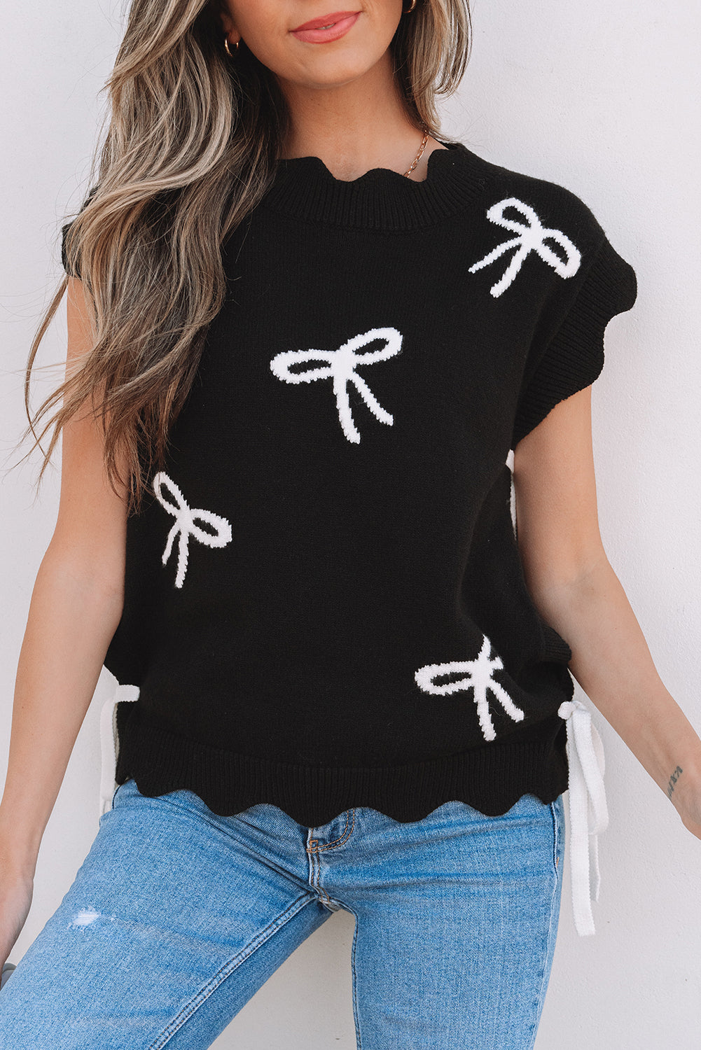 Black Bow Print Side Ties Scalloped Hem Sweater T Shirt-Sweaters & Cardigans/Short Sleeve Sweaters-[Adult]-[Female]-2022 Online Blue Zone Planet