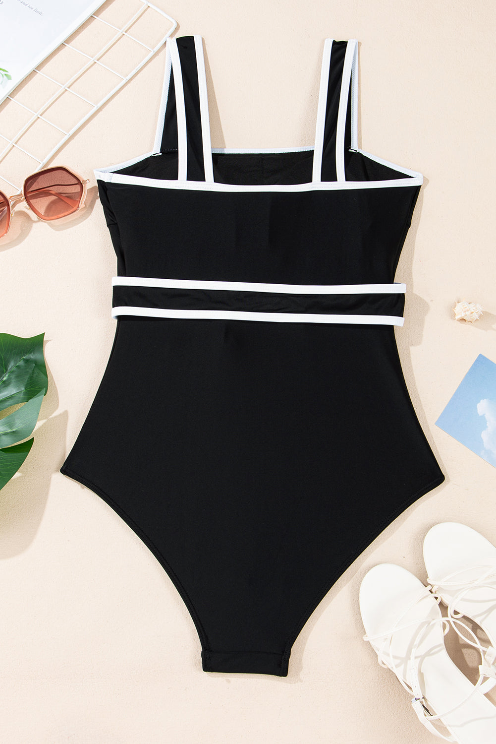 Black Colorblock Edge Belted One Piece Swimsuit-One-Piece-[Adult]-[Female]-2022 Online Blue Zone Planet