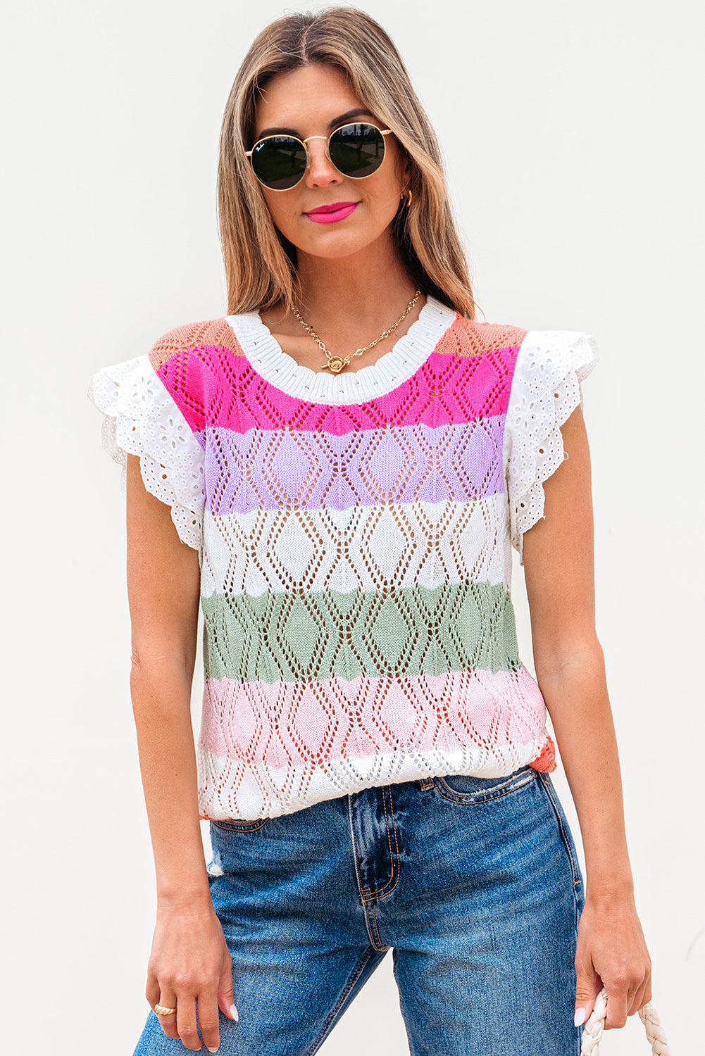 Rose Stripe Colorblock Hollowed Knit Scallop Edge Sweater Vest-Sweaters & Cardigans/Sweater Vests-[Adult]-[Female]-2022 Online Blue Zone Planet