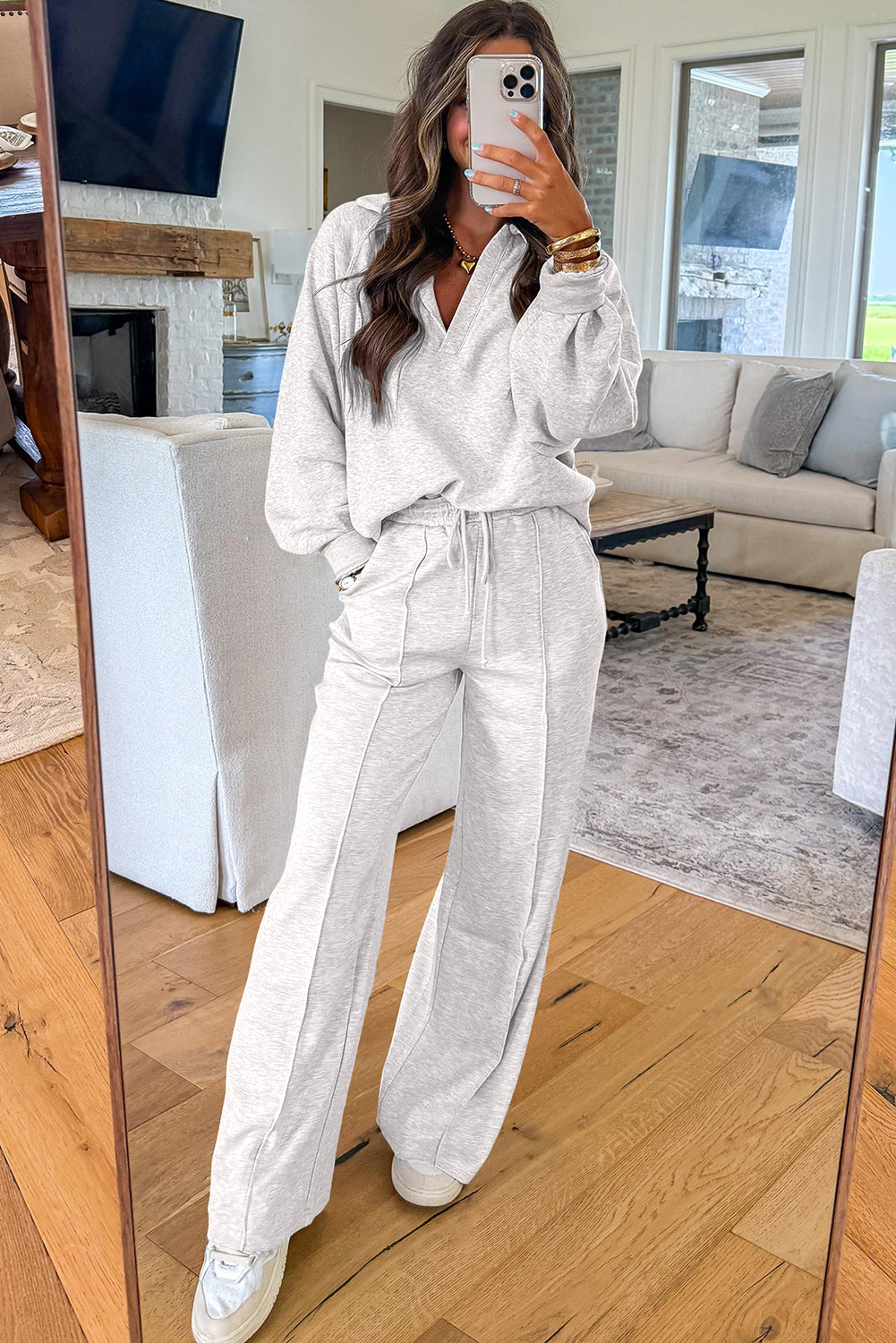 Dark Khaki Polo Collar V Neck Pullover and Drawstring Sweatpants Set-Two Piece Sets/Pant Sets-[Adult]-[Female]-2022 Online Blue Zone Planet