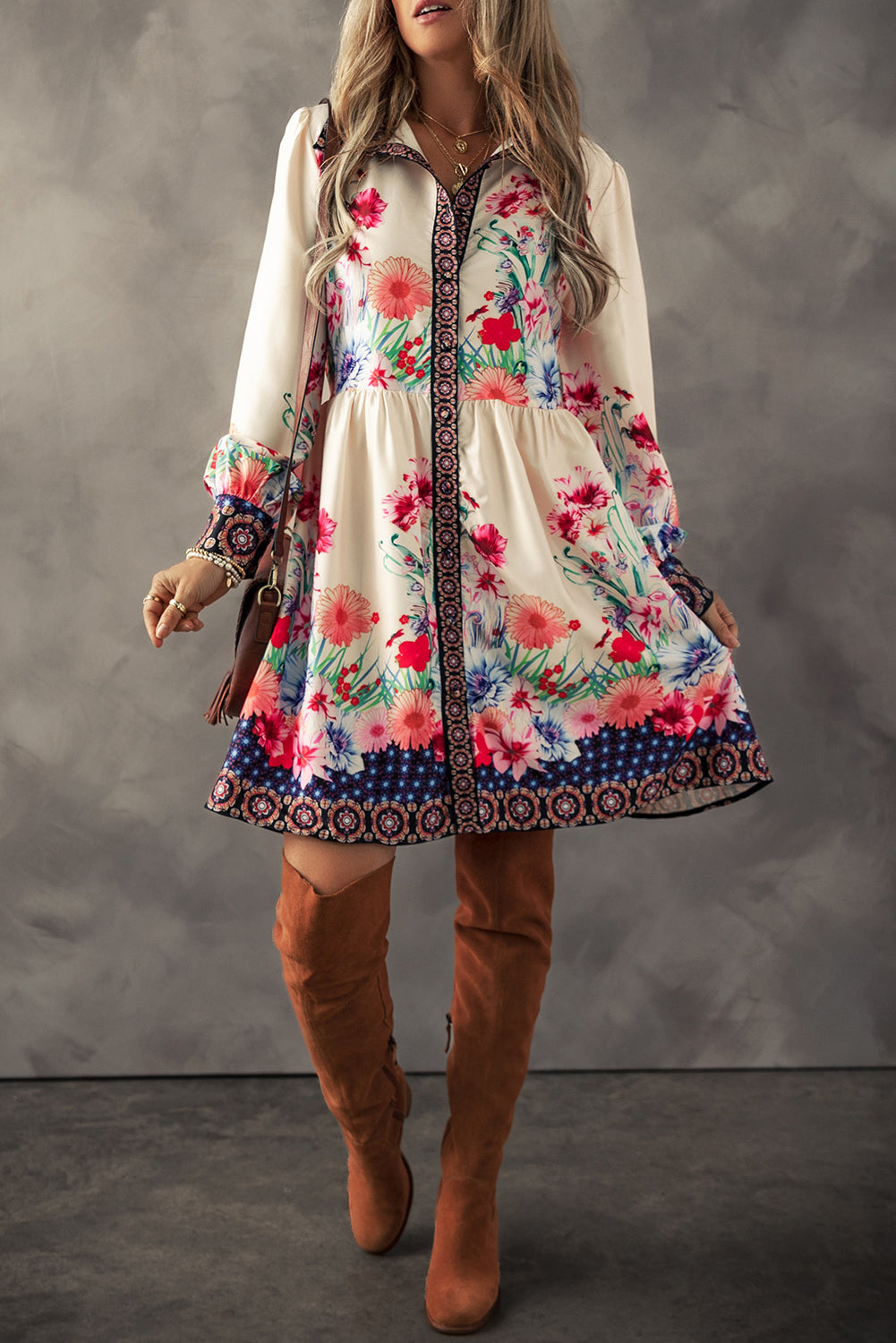 Apricot Floral Print Buttoned High Waist Shirt Mini Dress-Dresses/Mini Dresses-[Adult]-[Female]-2022 Online Blue Zone Planet