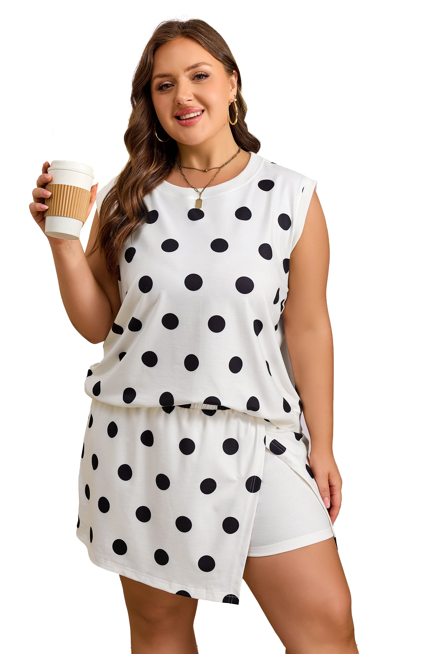 White Plus Size Polka Dot Printed Tank Split Skort 2pcs Outfit-Plus Size/Plus Size Loungewear-[Adult]-[Female]-2022 Online Blue Zone Planet