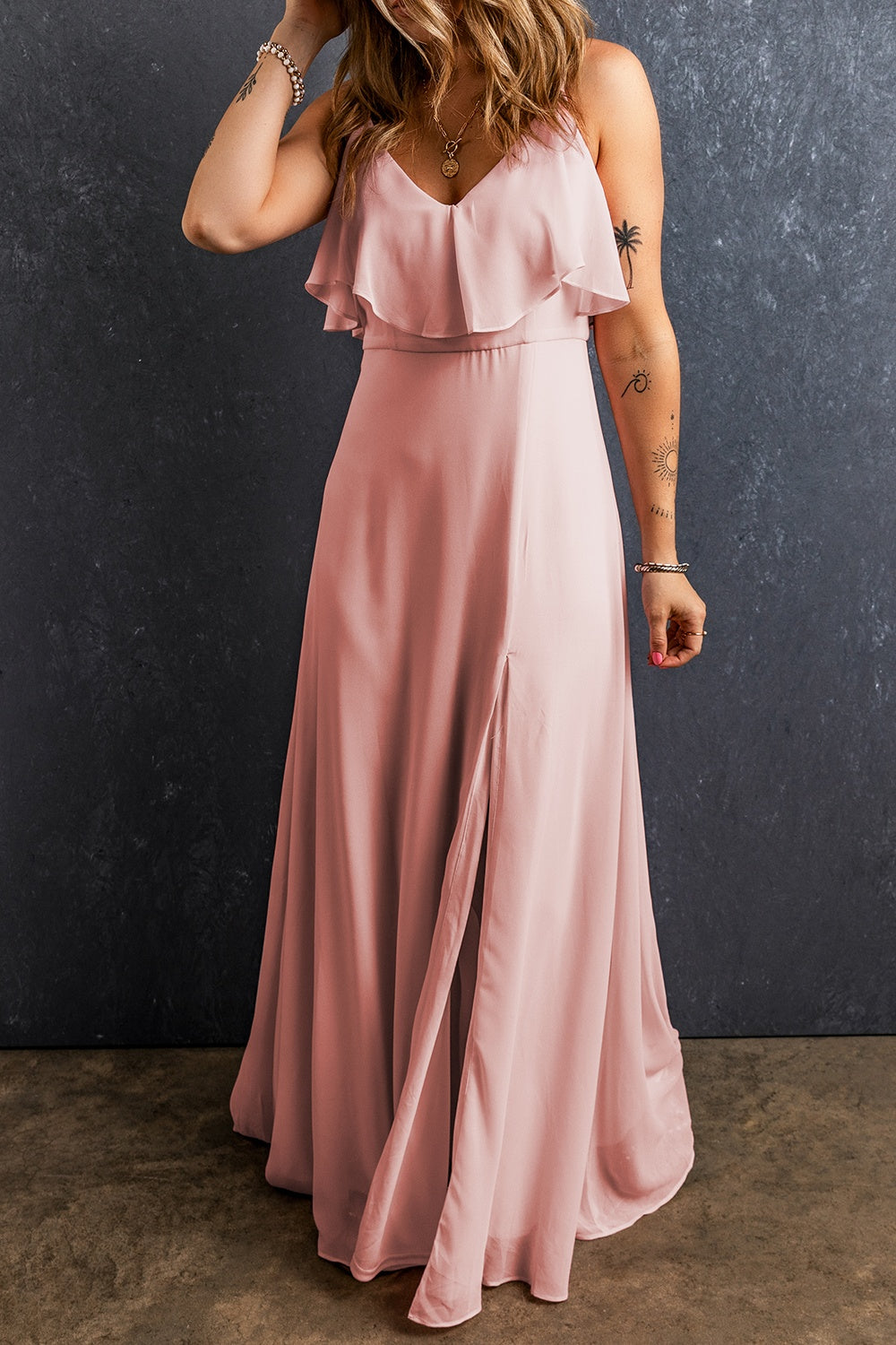 Slit Ruffled V-Neck Maxi Dress-[Adult]-[Female]-Watermelon pink-S-2022 Online Blue Zone Planet