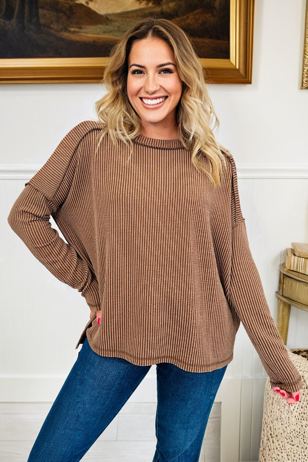 Dark Khaki Twist Ribbed Exposed Seam Detail Long Sleeve Loose Top-Tops/Long Sleeve Tops-[Adult]-[Female]-2022 Online Blue Zone Planet