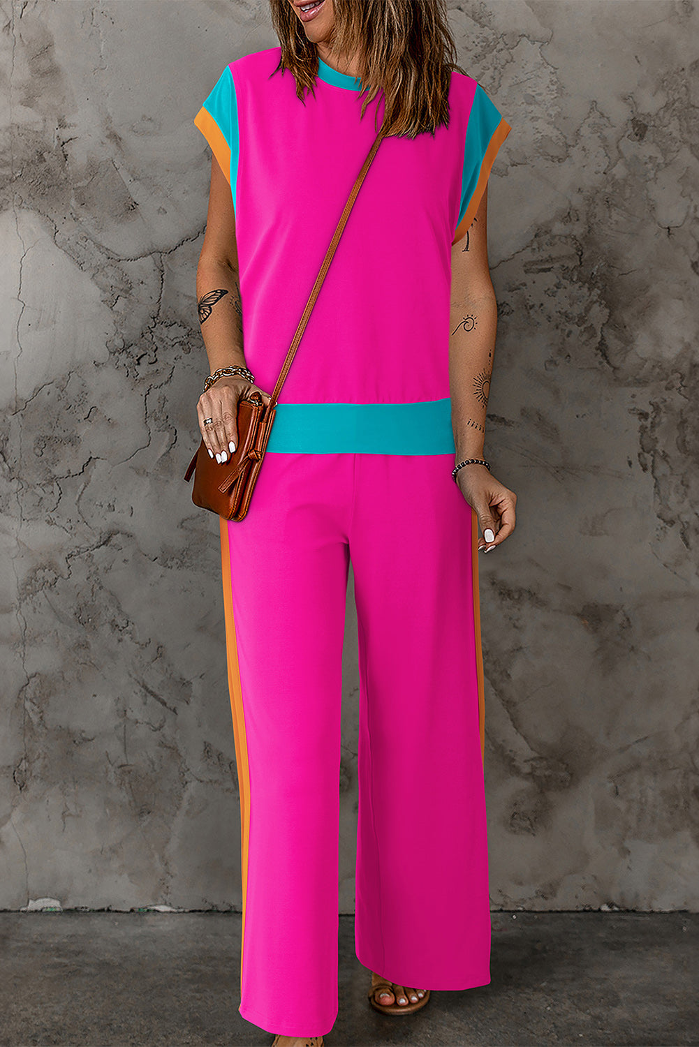 Contrast Round Neck Top and Pants Set-TOPS / DRESSES-[Adult]-[Female]-Hot Pink-S-2022 Online Blue Zone Planet