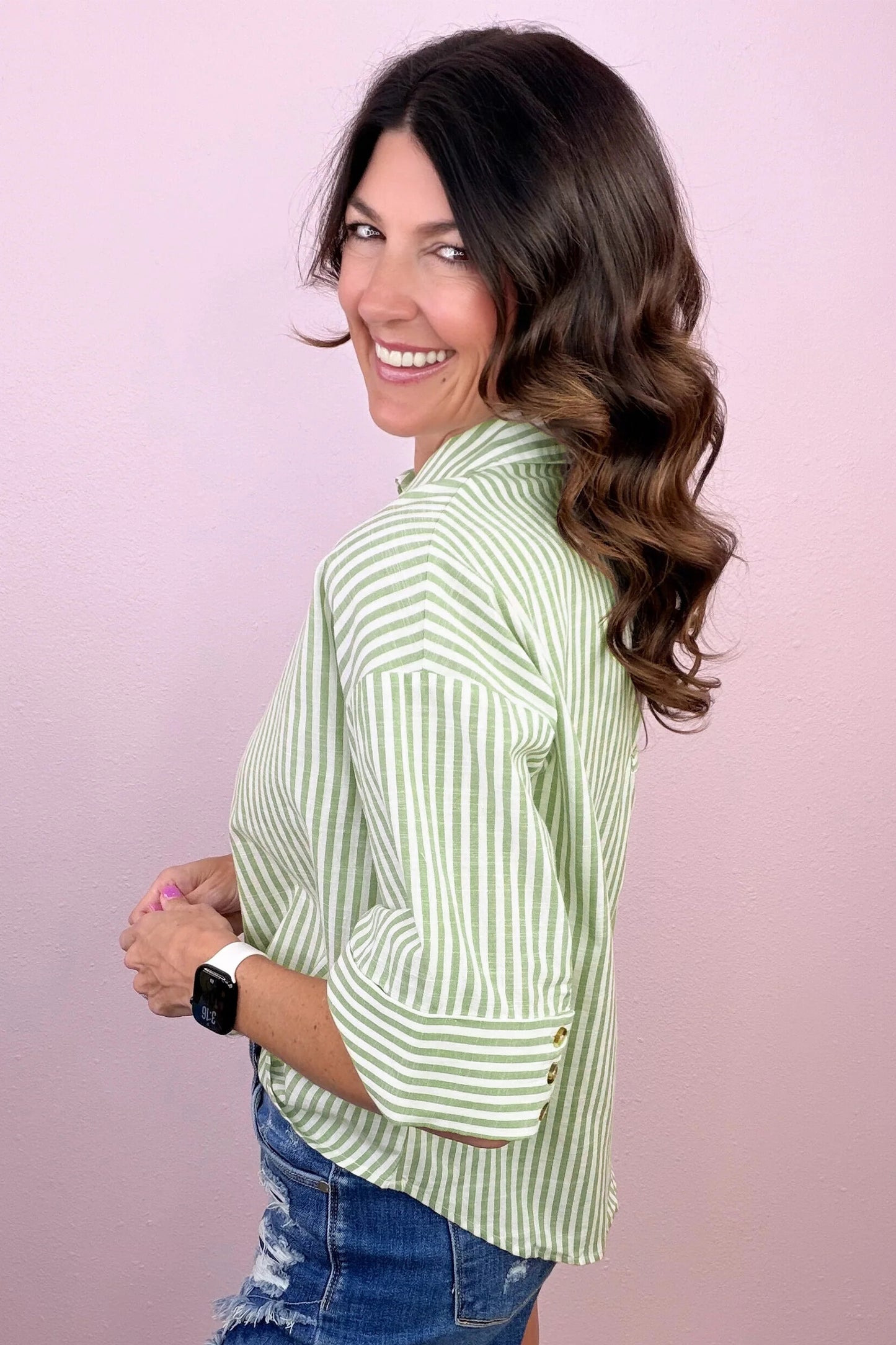 Green Stripe Shirt Collar Half Sleeve Blouse-Tops/Blouses & Shirts-[Adult]-[Female]-2022 Online Blue Zone Planet