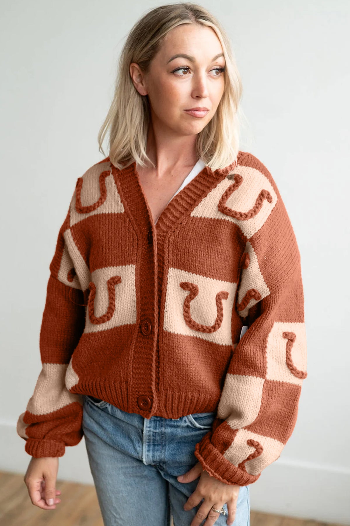 Brown Horseshoe Plaid V Neck Knit Button Front Sweater Cardigan-Sweaters & Cardigans/Cardigans-[Adult]-[Female]-2022 Online Blue Zone Planet