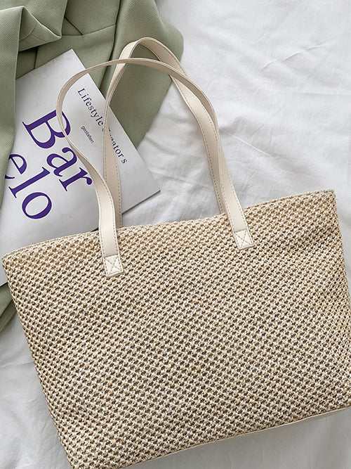 Solid Color Woven Tote Bag-HANDBAGS-[Adult]-[Female]-Beige-One Size-2022 Online Blue Zone Planet