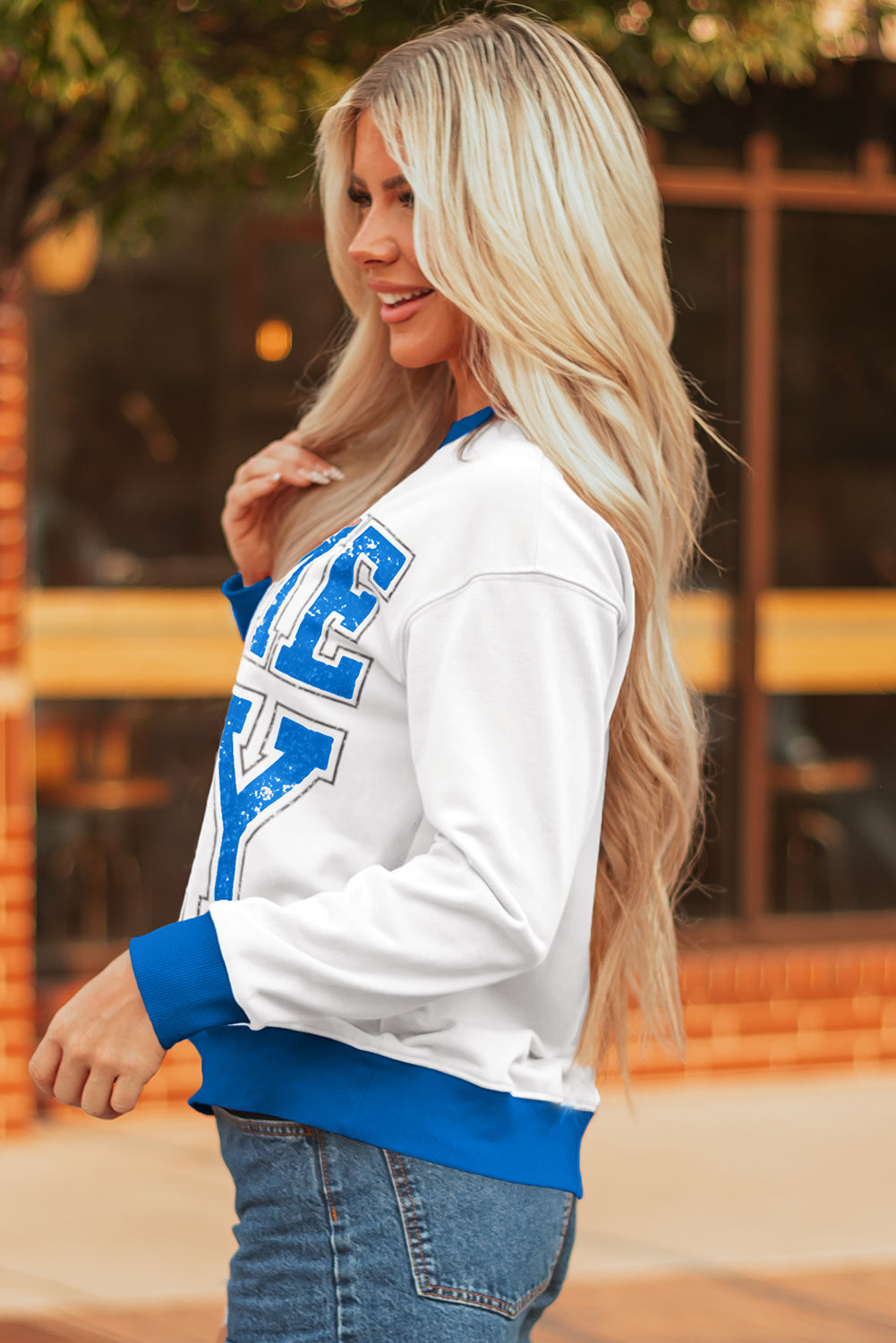 White Game Day Letter Graphic Varsity Striped Detail Baggy Sweatshirt-Tops/Sweatshirts & Hoodies-[Adult]-[Female]-2022 Online Blue Zone Planet