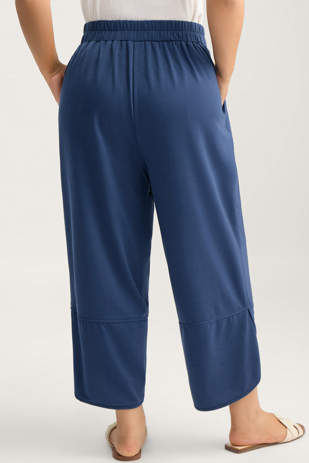 Sail Blue Plus Size Elastic Waist Asymmetrical Hem Loose Capris Pants-Plus Size/Plus Size Bottoms-[Adult]-[Female]-2022 Online Blue Zone Planet