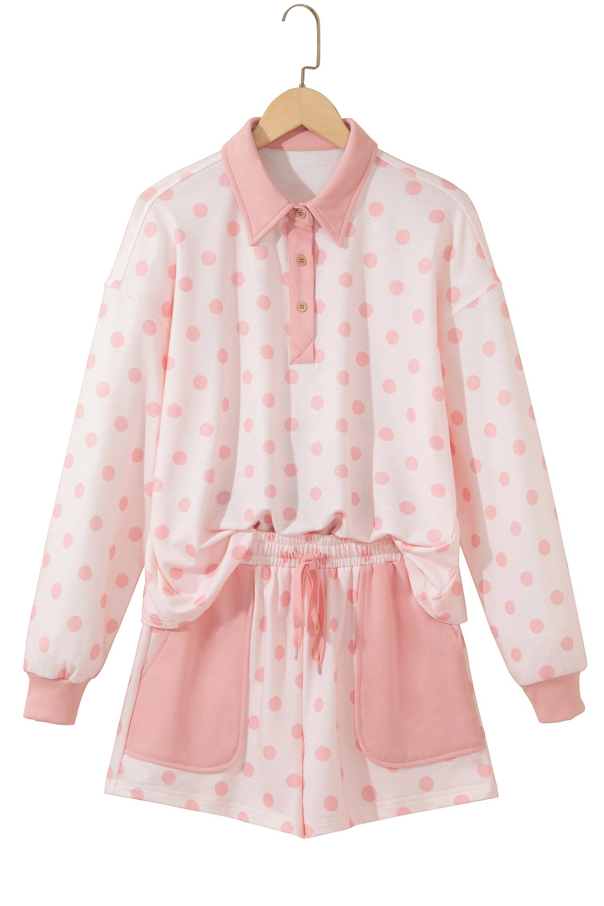 Pink Polka Dot Drop Shoulder Polo Loose Pullover Patch Pocket Casual Shorts Set-Two Piece Sets/Short Sets-[Adult]-[Female]-2022 Online Blue Zone Planet