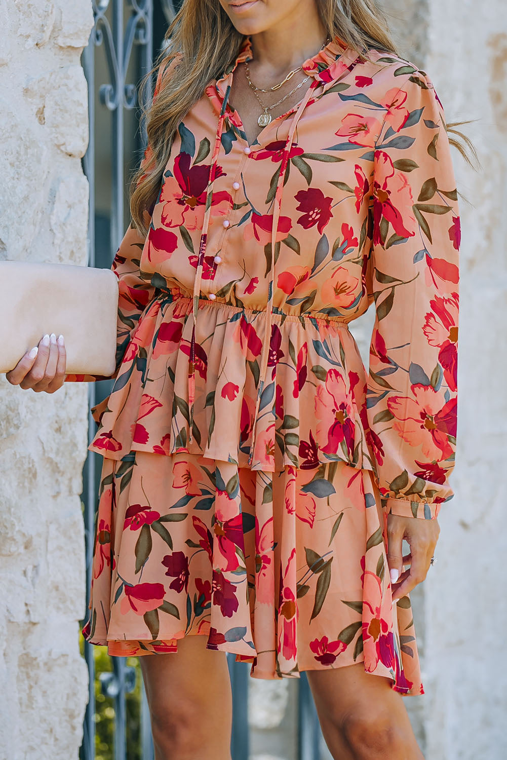 Blue Zone Planet |  Fiery Red Frilled Collar Long Sleeve Floral Dress with Ruffle