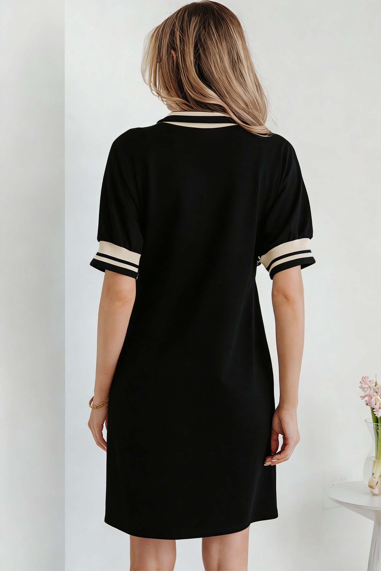 Black Striped Webbing Trim Preppy Polo Tee Dress-Dresses/T Shirt Dresses-[Adult]-[Female]-2022 Online Blue Zone Planet