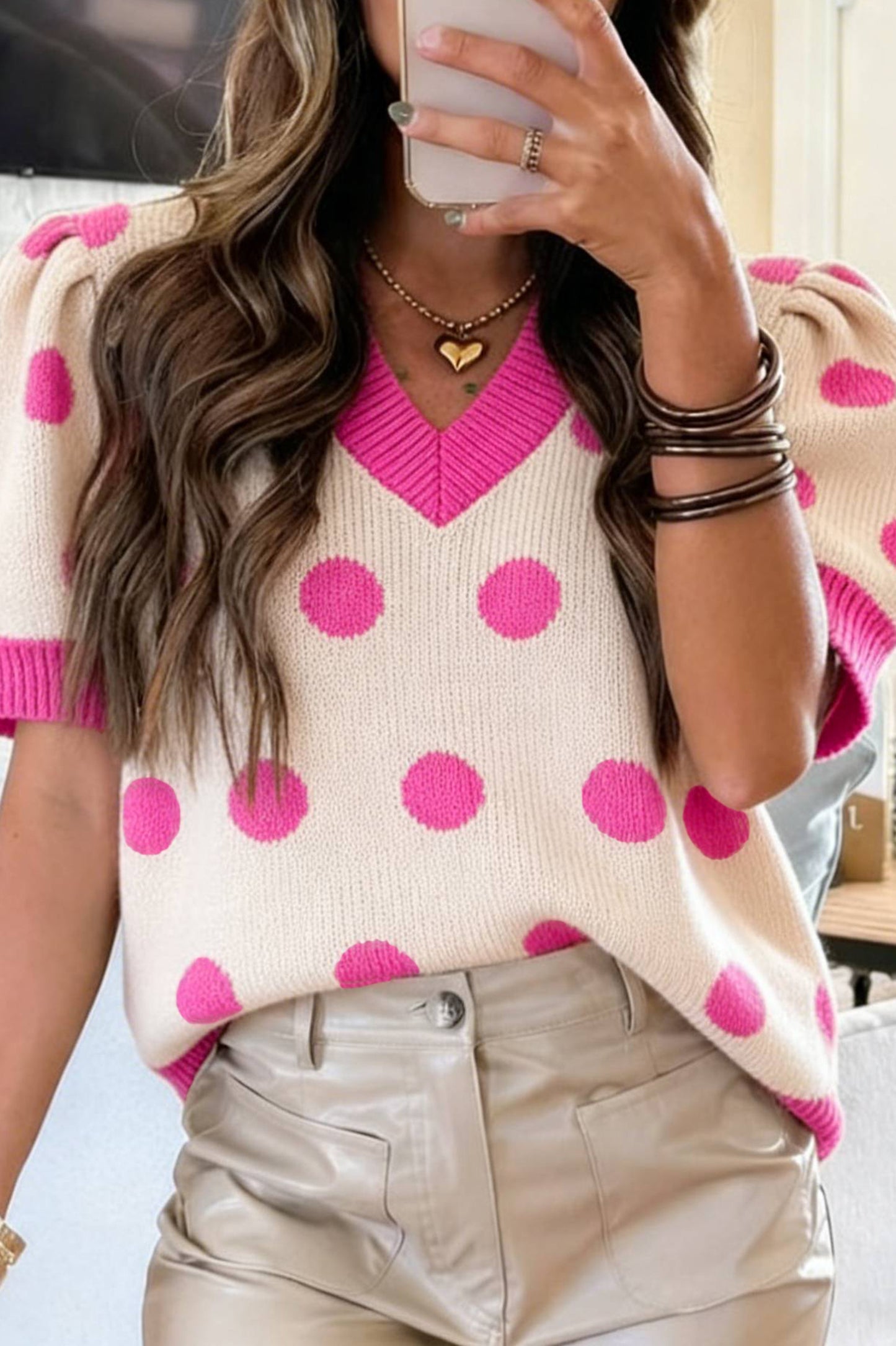 Rose Red Polka Dot Puff Short Sleeve Sweater Top-Sweaters & Cardigans/Short Sleeve Sweaters-[Adult]-[Female]-Pink-S-2022 Online Blue Zone Planet