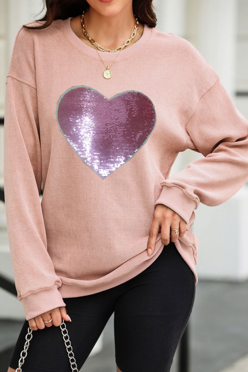 Valentine’s Day Sequin Heart Round Neck Long Sleeve Sweatshirt-TOPS / DRESSES-[Adult]-[Female]-2022 Online Blue Zone Planet