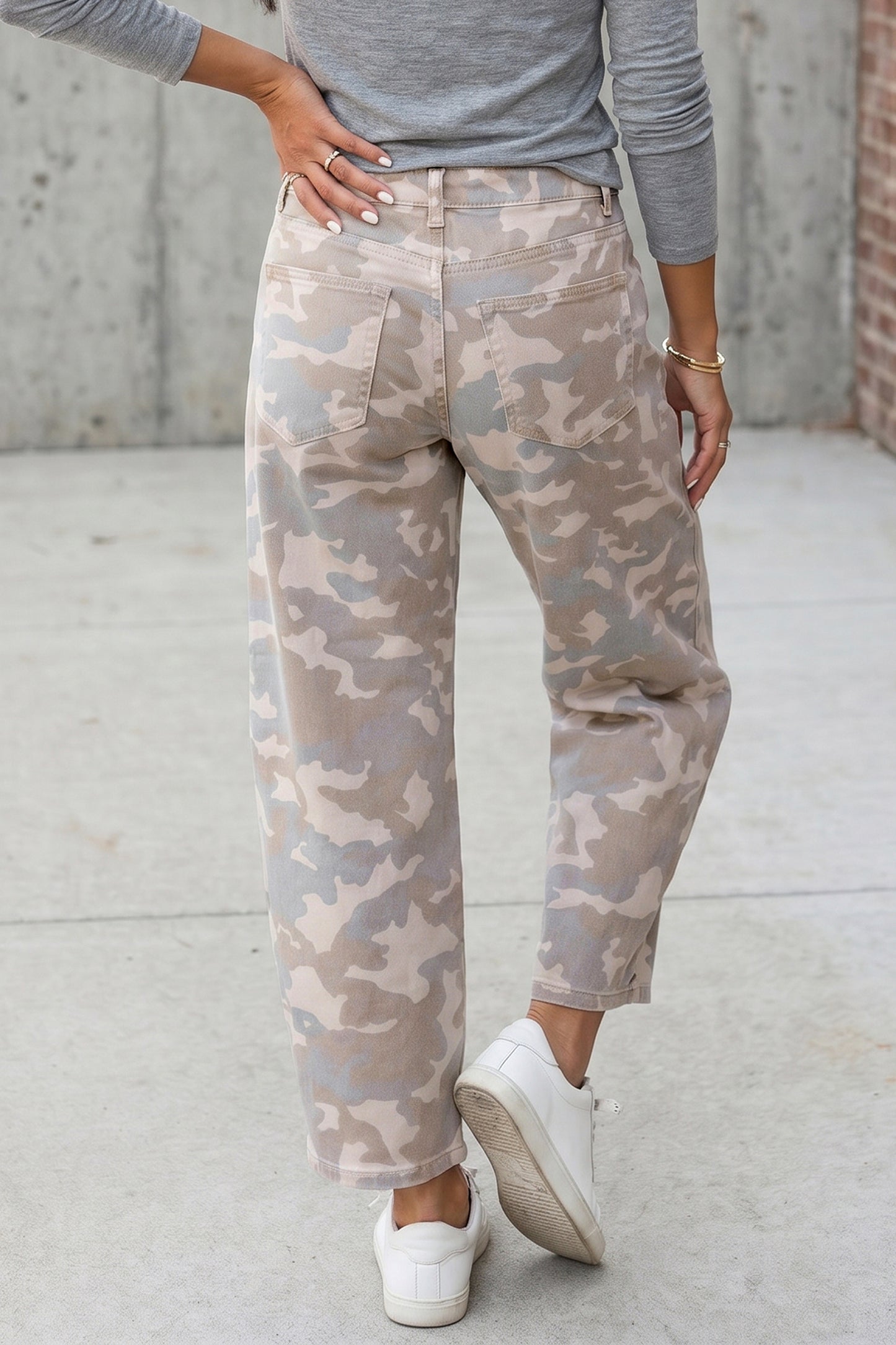 Khaki Camouflage Pattern Pocket Rivet Detail Ankle-Length Harem Fit Jeans-Bottoms/Jeans-[Adult]-[Female]-2022 Online Blue Zone Planet