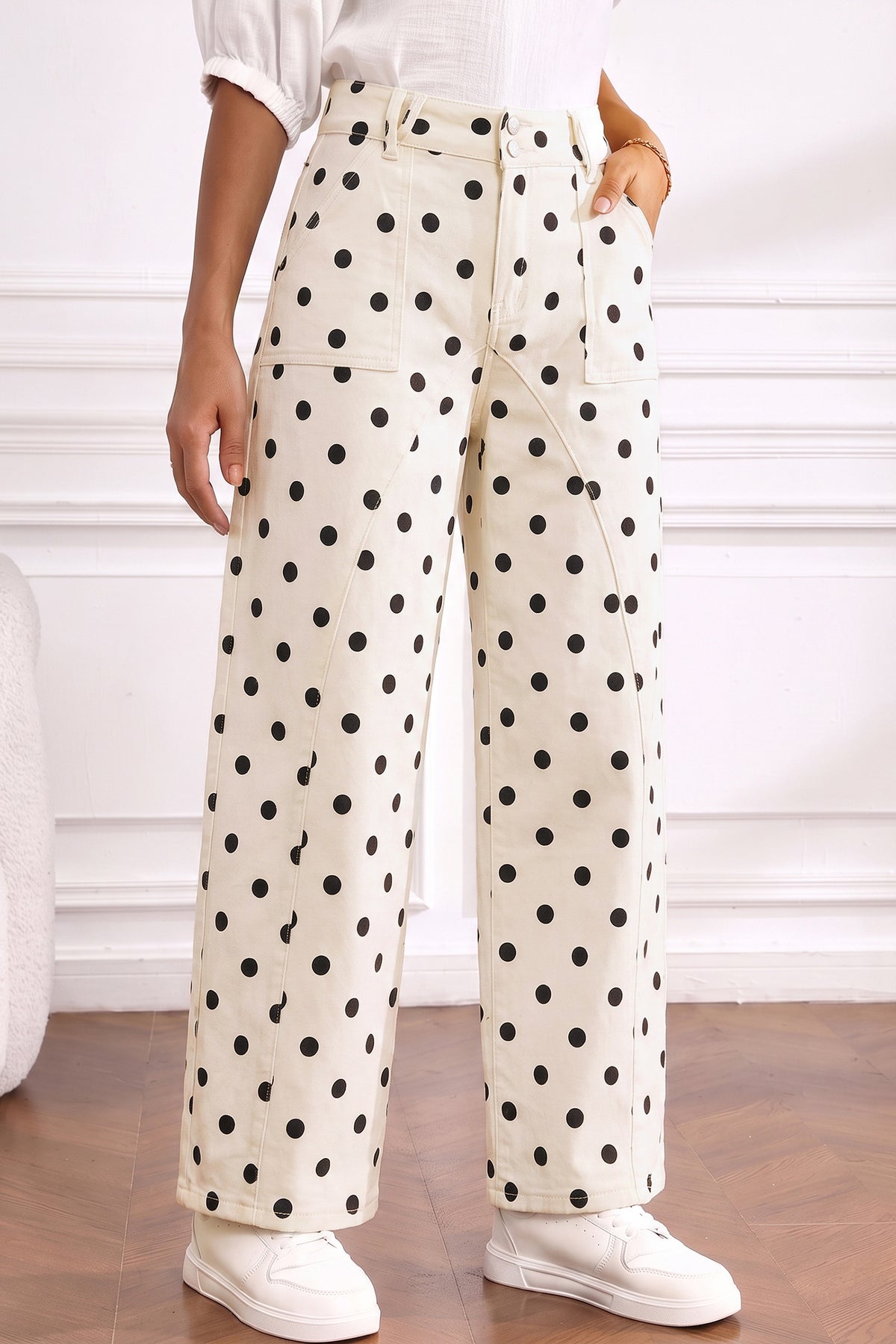 White Polka Dot Curved-Knife Ankle Denim Pants-Bottoms/Jeans-[Adult]-[Female]-2022 Online Blue Zone Planet