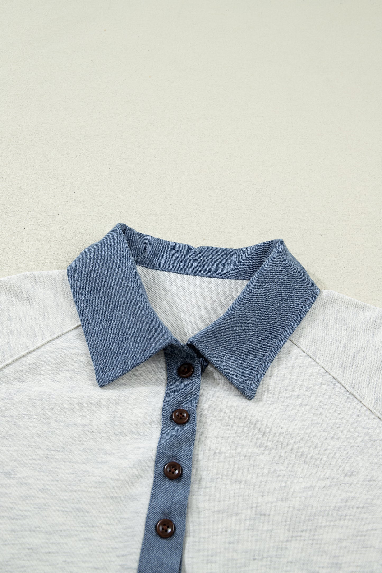 Light Grey Denim Color Block Patchwork Shirt Collar Short Sleeve Blouse