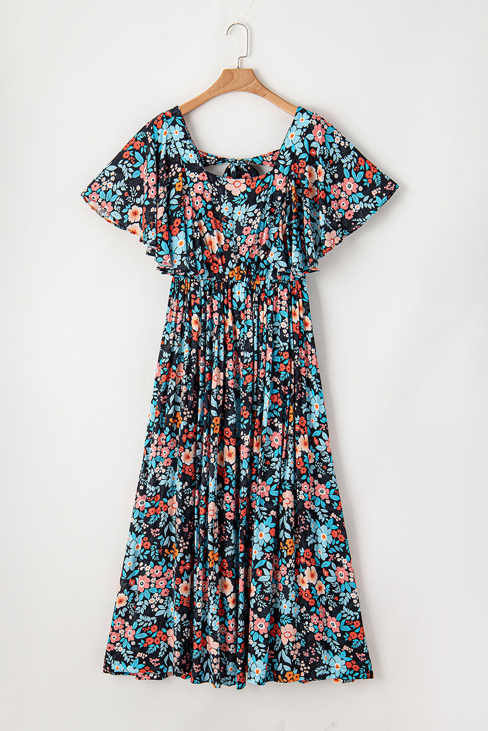 Sky Blue Floral Knotted Back Square Neck Maxi Dress-Dresses/Floral Dresses-[Adult]-[Female]-2022 Online Blue Zone Planet