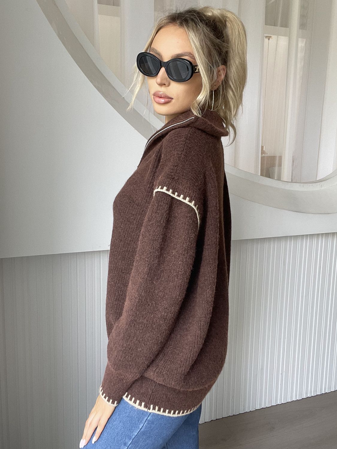 Quarter Zip Contrast Dropped Shoulder Sweater-TOPS / DRESSES-[Adult]-[Female]-Brown-One Size-2022 Online Blue Zone Planet