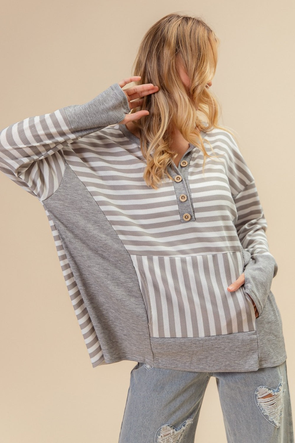 BiBi Striped Thumbhole Long Sleeve Top-TOPS / DRESSES-[Adult]-[Female]-2022 Online Blue Zone Planet