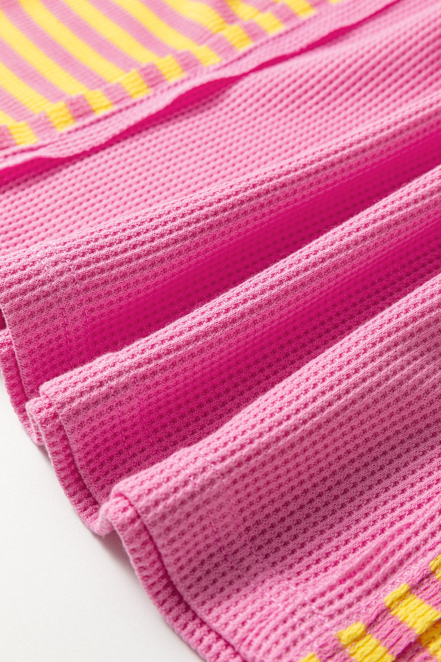 Bright Pink Waffle Textured Contrast Striped Patchwork Loose T Shirt-Tops/Tops & Tees-[Adult]-[Female]-2022 Online Blue Zone Planet