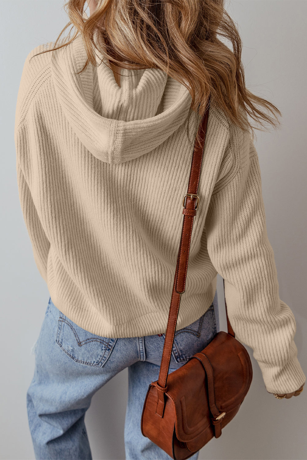 Blue Zone Planet | Beige Solid Color Drawstring Hooded Drop Shoulder Pullover Sweater-Sweaters & Cardigans/Sweaters-[Adult]-[Female]-2022 Online Blue Zone Planet