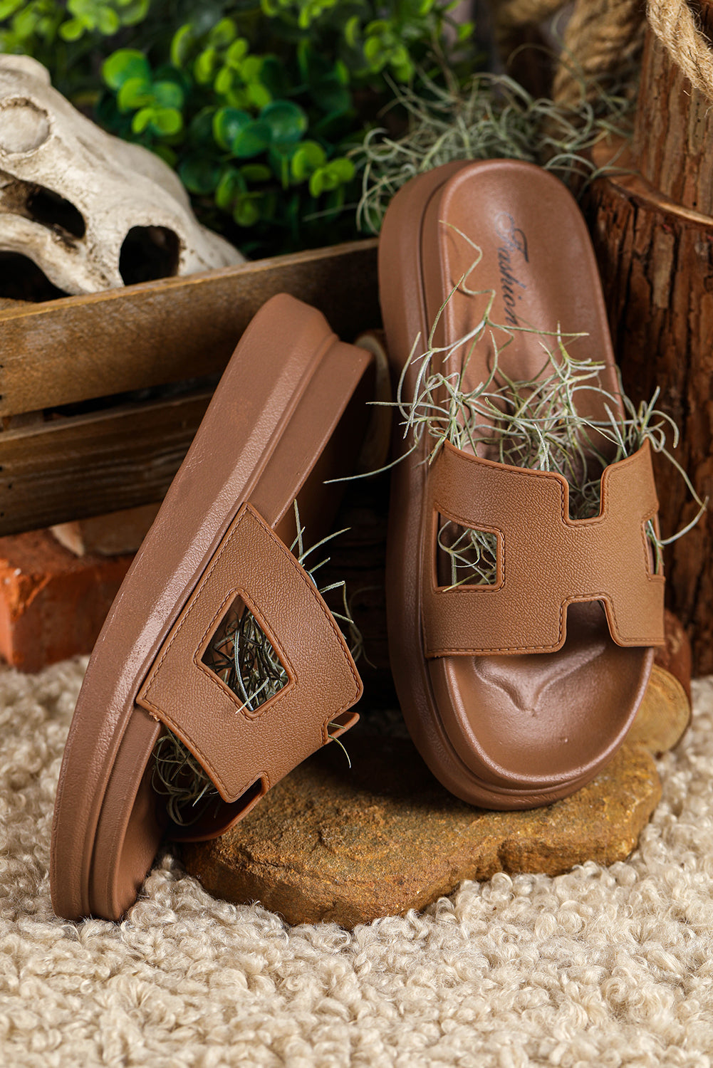 Chestnut Cutout Design Open Toe Platform Slippers (Run Small, Size Up)-Shoes & Bags/Slippers-[Adult]-[Female]-2022 Online Blue Zone Planet