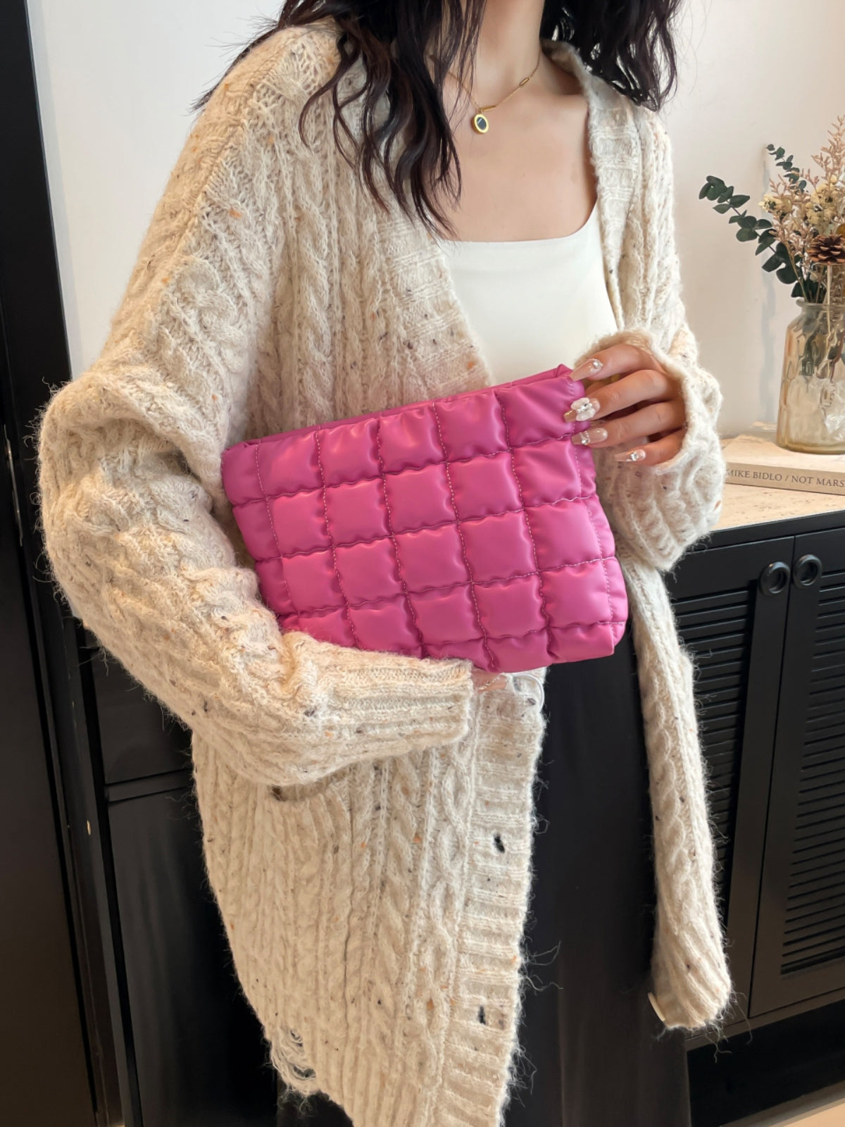 Quilted Plaid Clutch with Zipper-HANDBAGS-[Adult]-[Female]-Hot Pink-One Size-2022 Online Blue Zone Planet