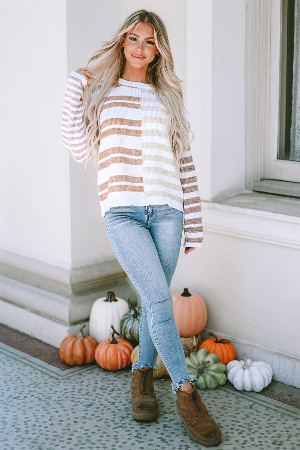 Stripe Blocked Drop Shoulder Slouchy Sweater-Sweaters & Cardigans/Sweaters-[Adult]-[Female]-2022 Online Blue Zone Planet