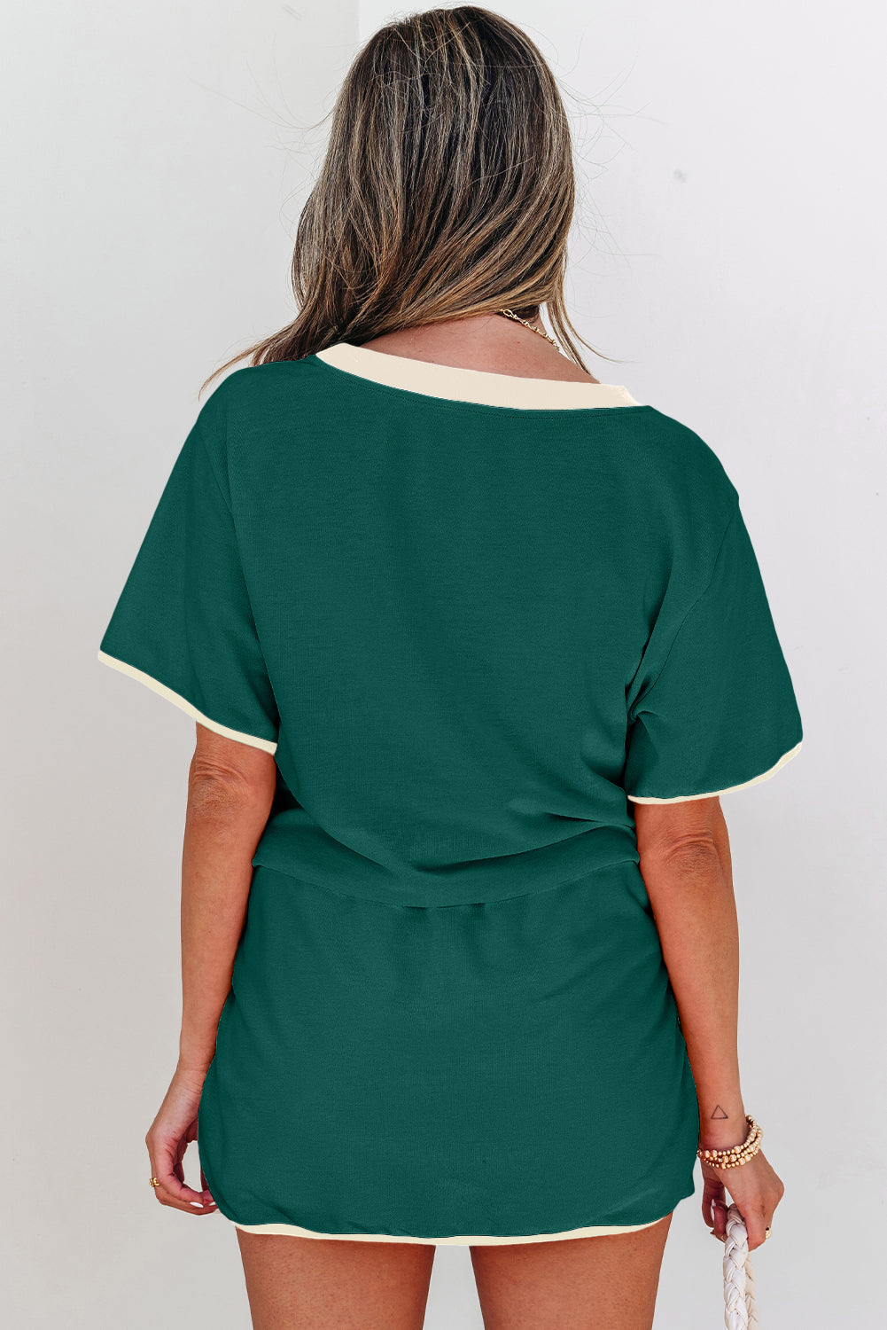 Evergreen Colorblock Edge Drop Shoulder T Shirt and Skirt 2Pcs Set-Two Piece Sets/Two Piece Dresses-[Adult]-[Female]-2022 Online Blue Zone Planet