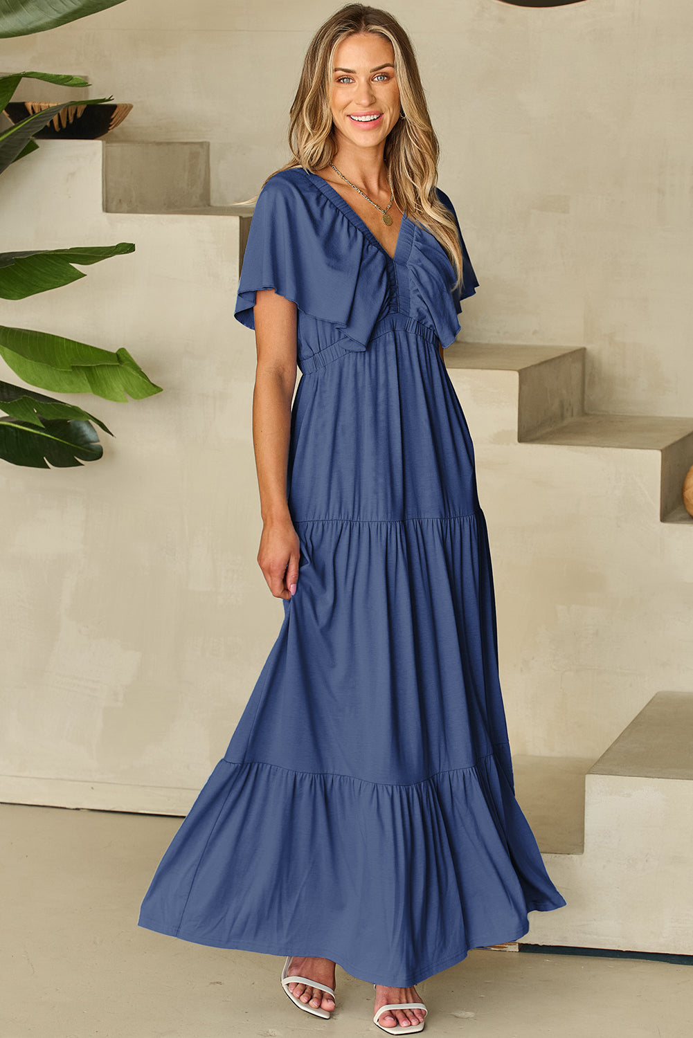 Navy Blue Textured V Neck Flutter Sleeve Ruffled Maxi Dress-TOPS / DRESSES-[Adult]-[Female]-2022 Online Blue Zone Planet