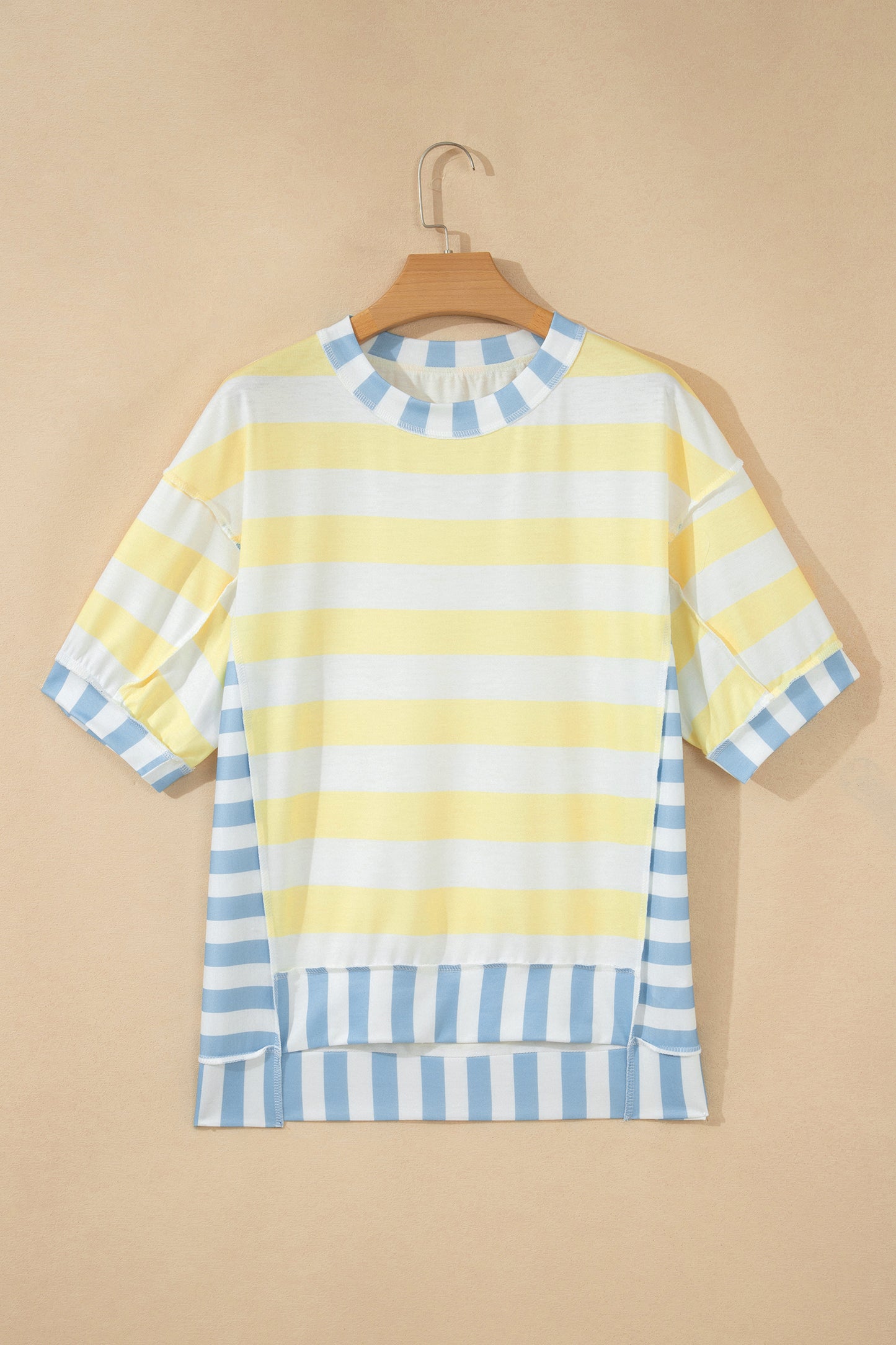 Pink Stripe Exposed Seam Contrast Patchwork Oversized Top-Tops/Tops & Tees-[Adult]-[Female]-2022 Online Blue Zone Planet