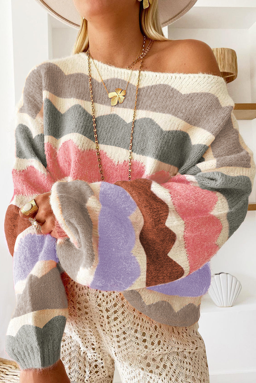 Yellow Wave Striped Balloon Sleeve Drop Shoulder Sweater-Sweaters-[Adult]-[Female]-Gray-S-2022 Online Blue Zone Planet