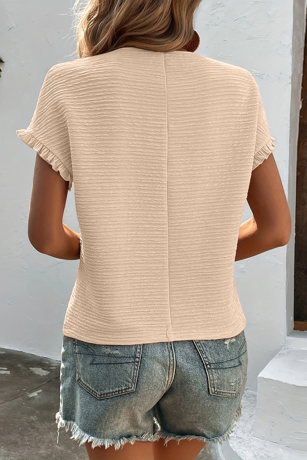 Light Pink Solid Textured Ruffled Short Sleeve Blouse-Tops/Blouses & Shirts-[Adult]-[Female]-2022 Online Blue Zone Planet