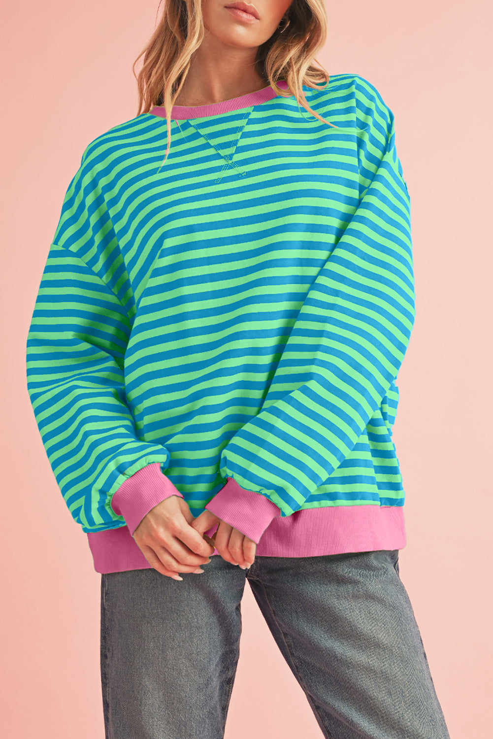 Black Stripe Contrast Edge Cross Seam Oversized Sweatshirt-Sweatshirts & Hoodies-[Adult]-[Female]-Sky Blue Stripe-S-2022 Online Blue Zone Planet