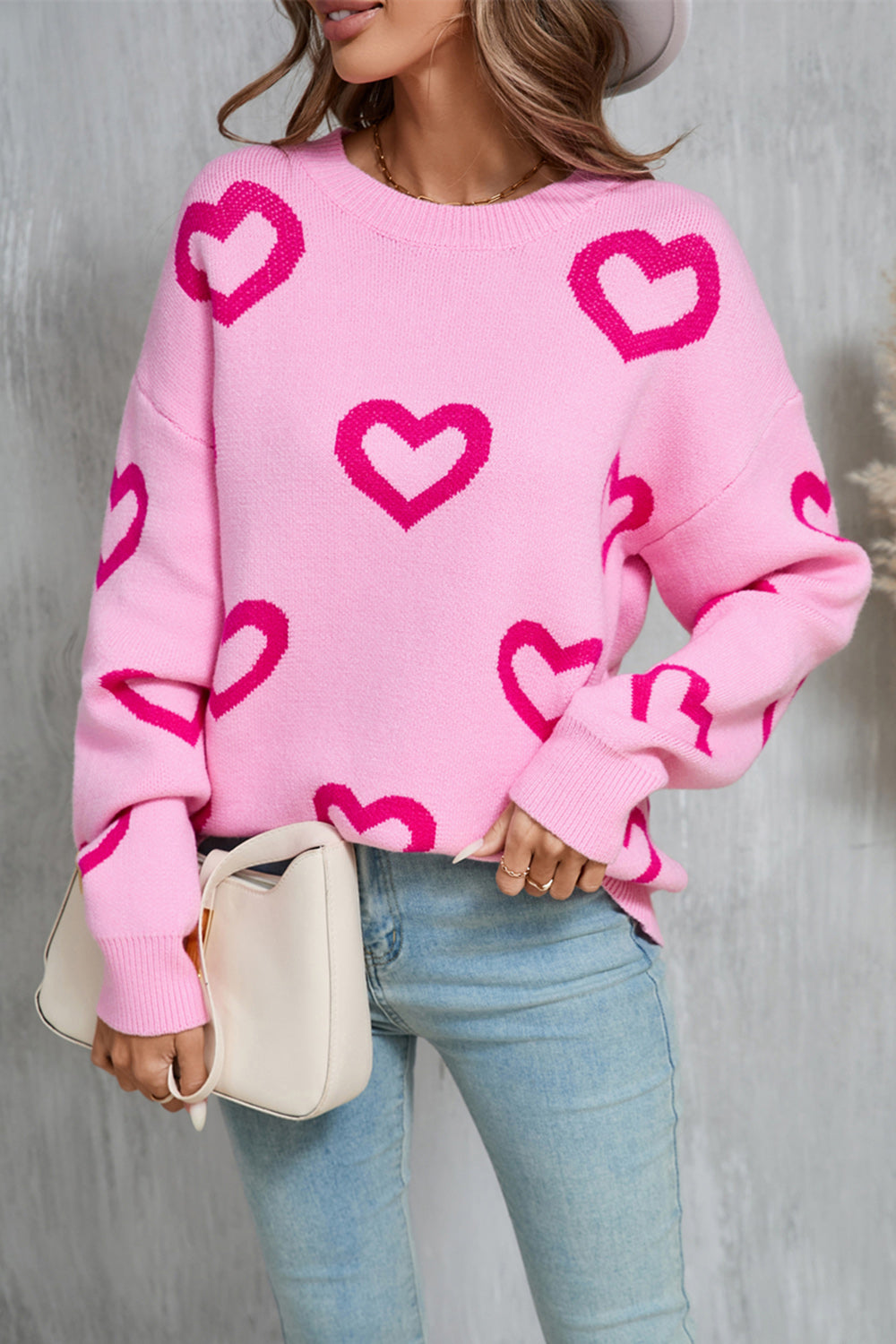 Angel Wings Heart Round Neck Dropped Shoulder Long Sleeve Sweater-TOPS / DRESSES-[Adult]-[Female]-Fuchsia Pink-S-2022 Online Blue Zone Planet