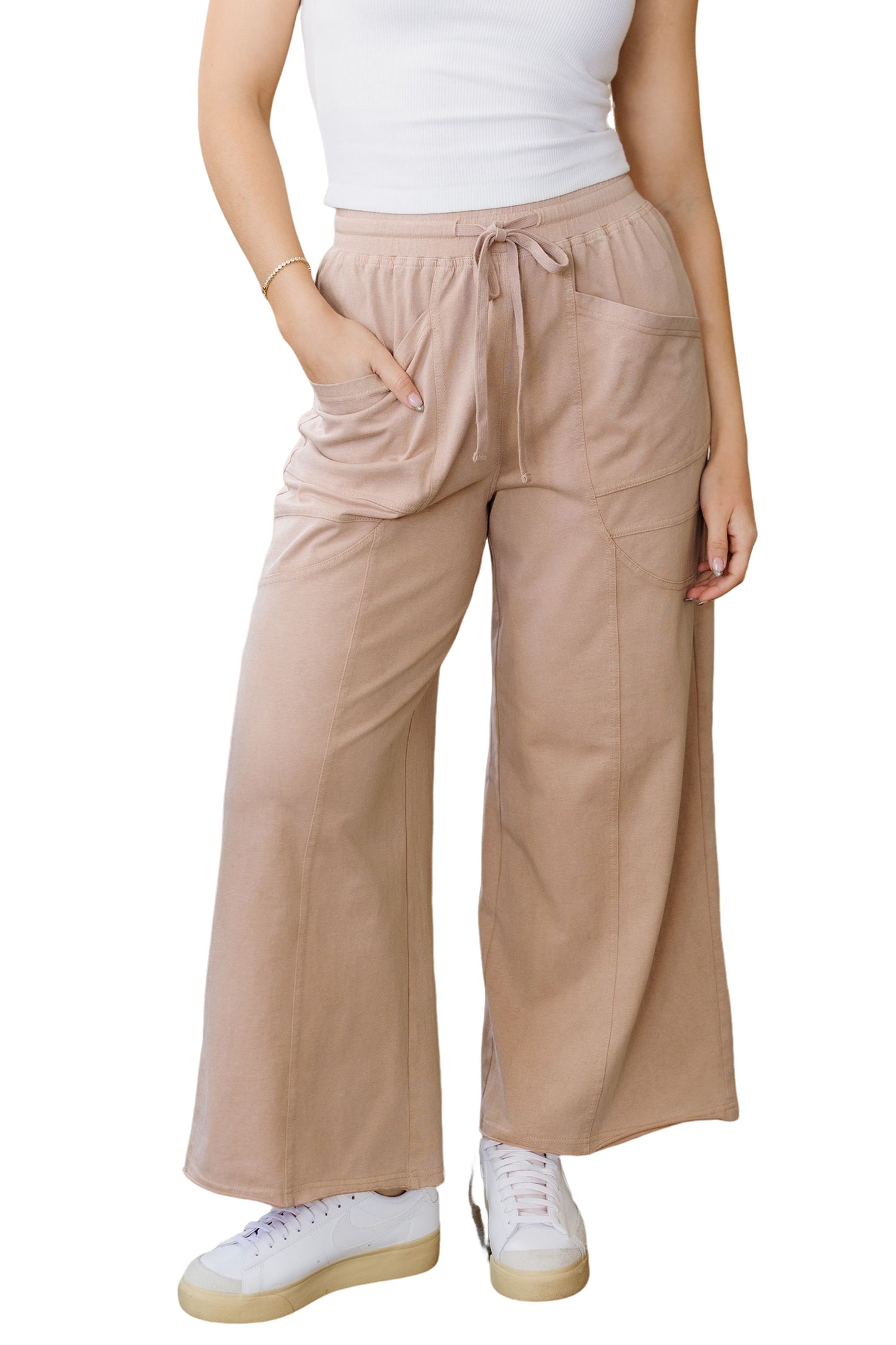 Smoke Gray Solid Color Mineral Wash Piping Trim Pocketed Wide Leg Pants-Bottoms/Pants & Culotte-[Adult]-[Female]-2022 Online Blue Zone Planet