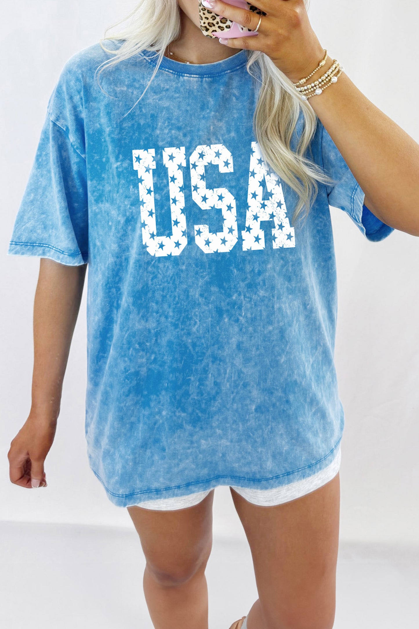 Blue USA Star Print Mineral Washed Cotton Tee-Graphic/Graphic Tees-[Adult]-[Female]-2022 Online Blue Zone Planet