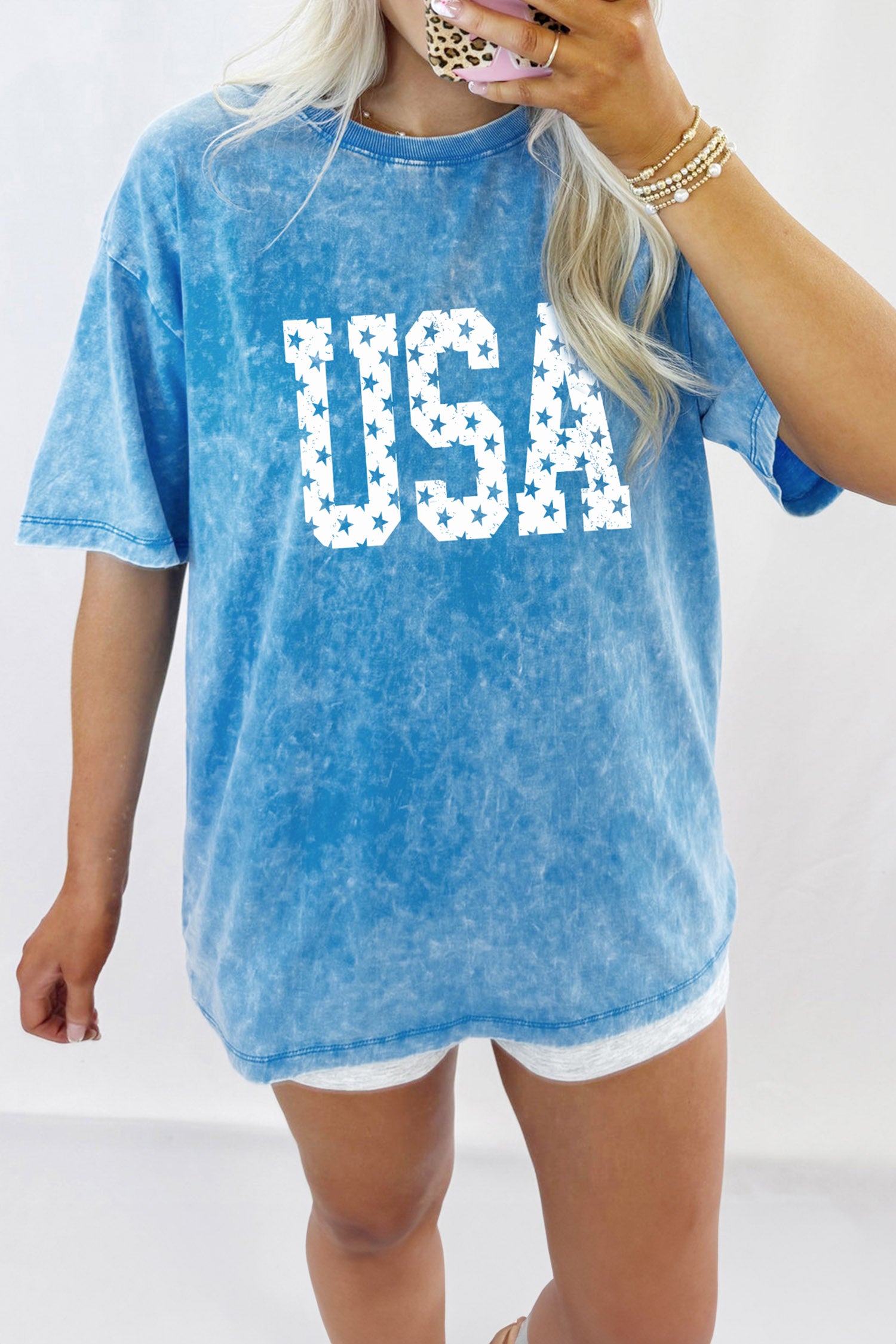 Blue USA Star Print Mineral Washed Cotton Tee-Graphic/Graphic Tees-[Adult]-[Female]-2022 Online Blue Zone Planet