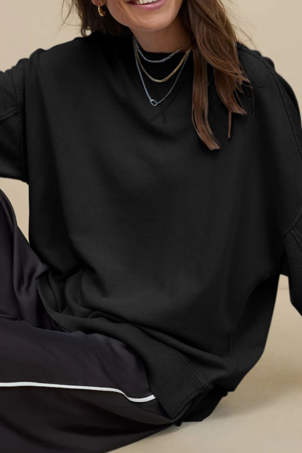 Side Slit Round Neck Long Sleeve Sweatshirt-TOPS / DRESSES-[Adult]-[Female]-Black-S-2022 Online Blue Zone Planet