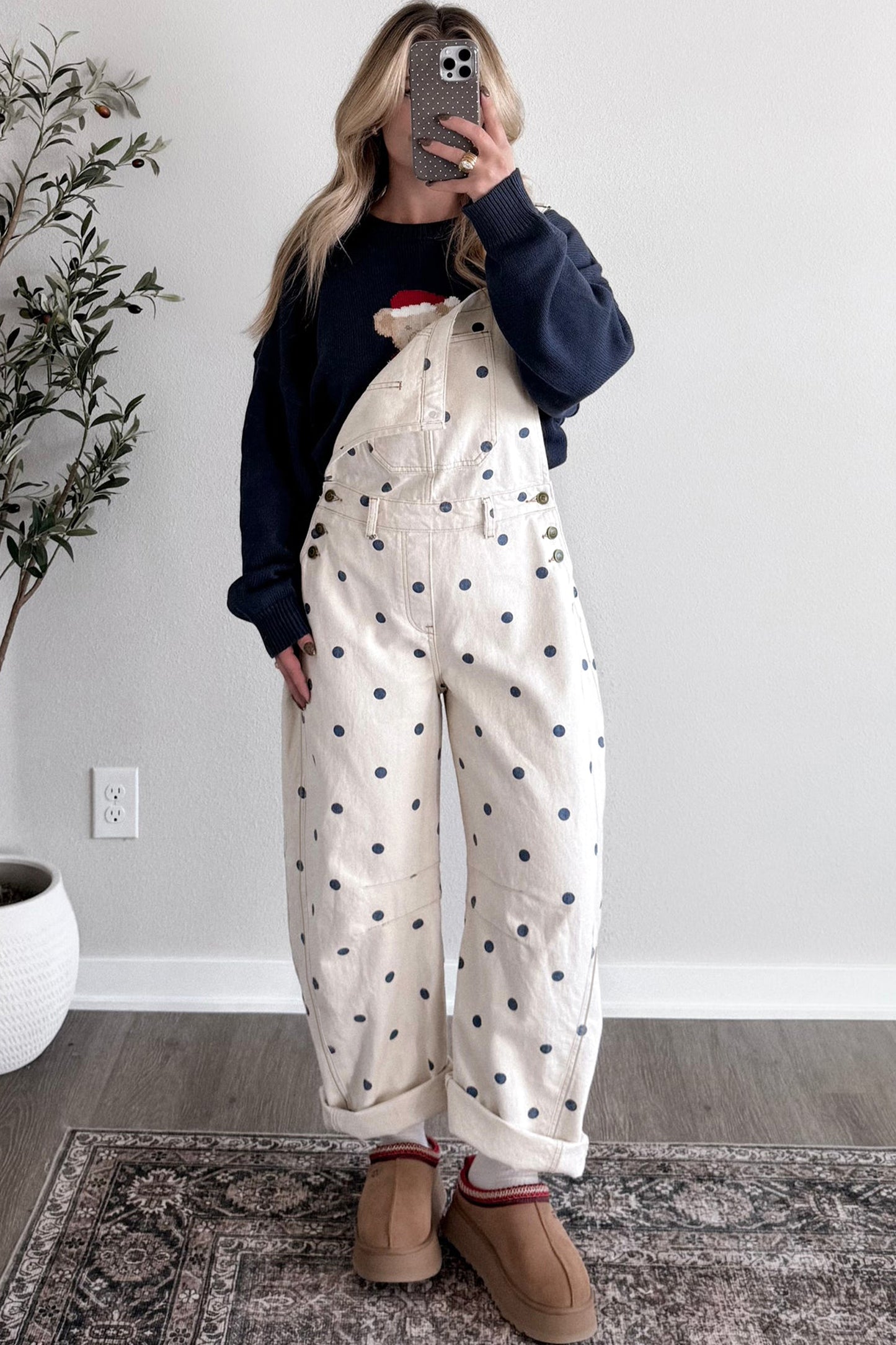 Jet Stream Polka Dot Print Bib Pocket Denim Barrel Overalls Jumpsuit-Bottoms/Jumpsuits & Rompers-[Adult]-[Female]-2022 Online Blue Zone Planet