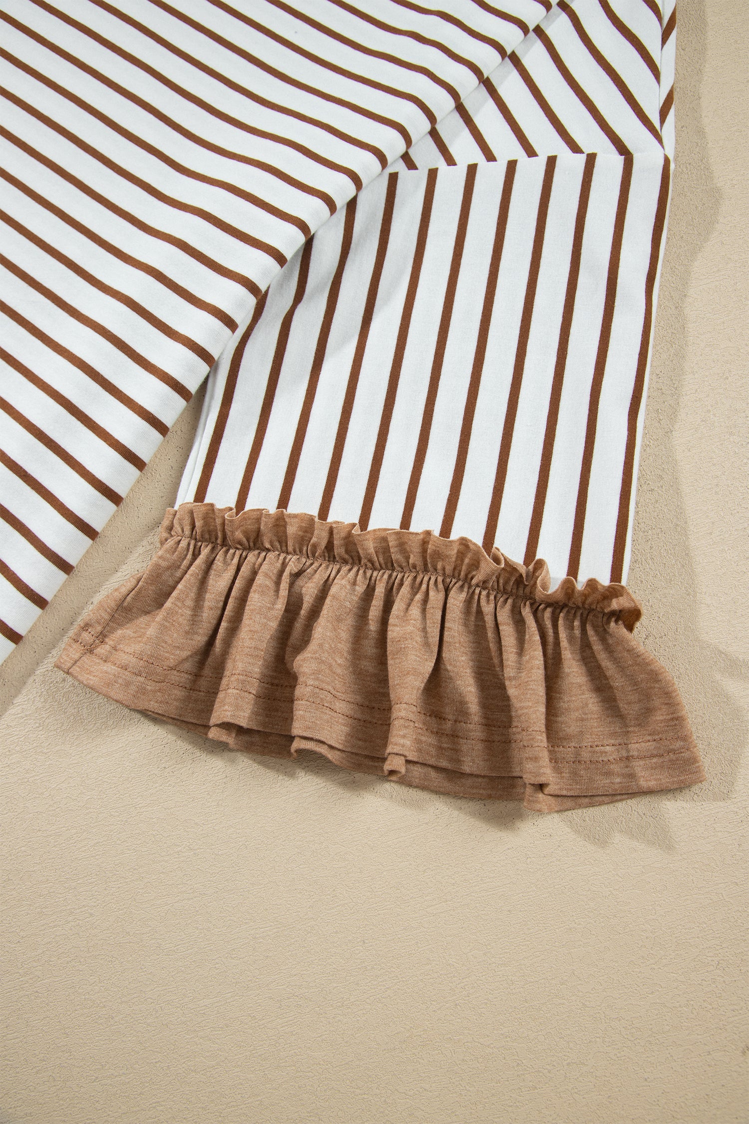 Gray Stripe V Neck Ruffle Contrast Sleeve Top Drawstring Pants 2pcs Set-Two Piece Sets/Pant Sets-[Adult]-[Female]-2022 Online Blue Zone Planet