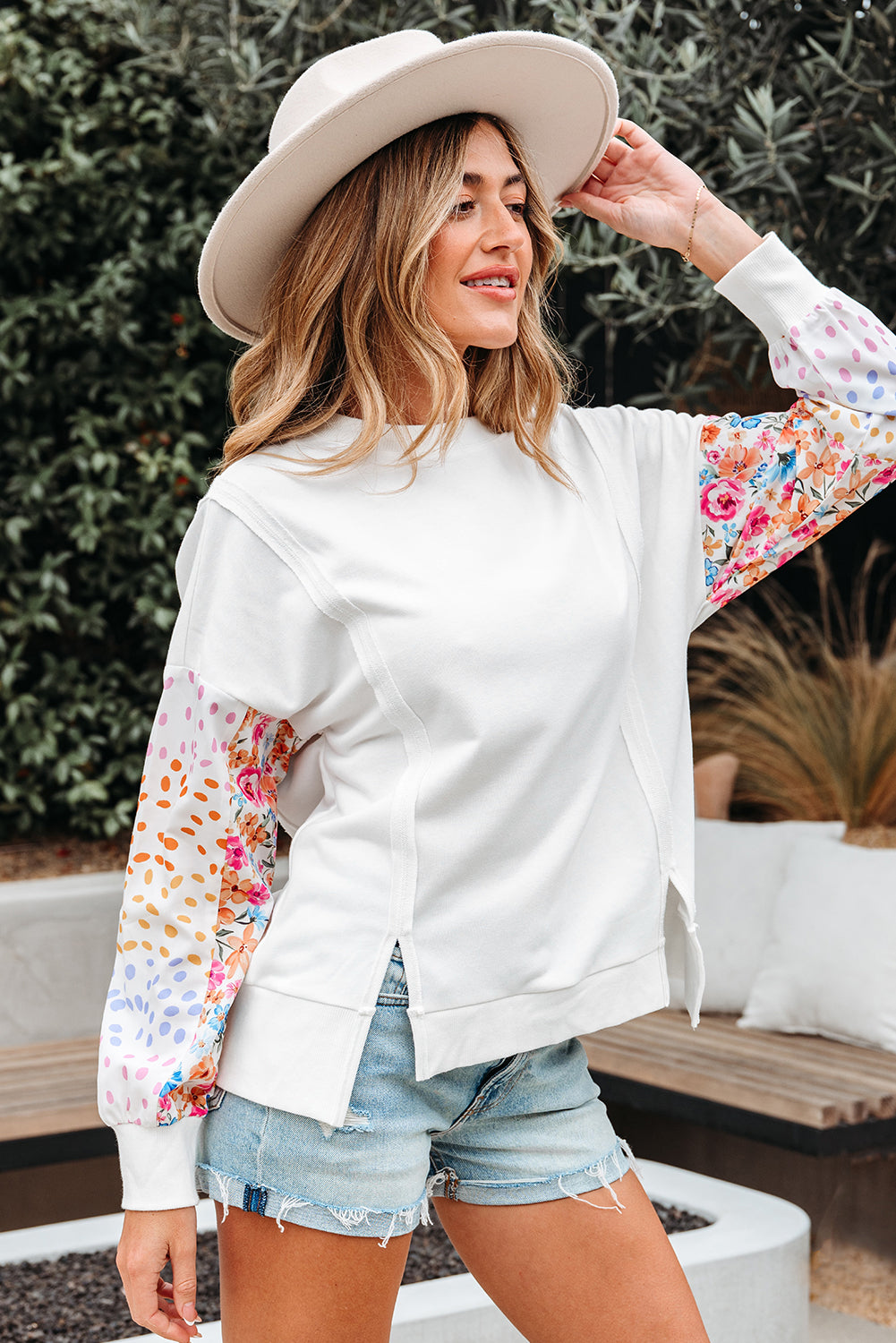 White Floral Dotted Mixed Print Patchwork Sleeve High Low Casual Sweatshirt-Tops/Sweatshirts & Hoodies-[Adult]-[Female]-2022 Online Blue Zone Planet